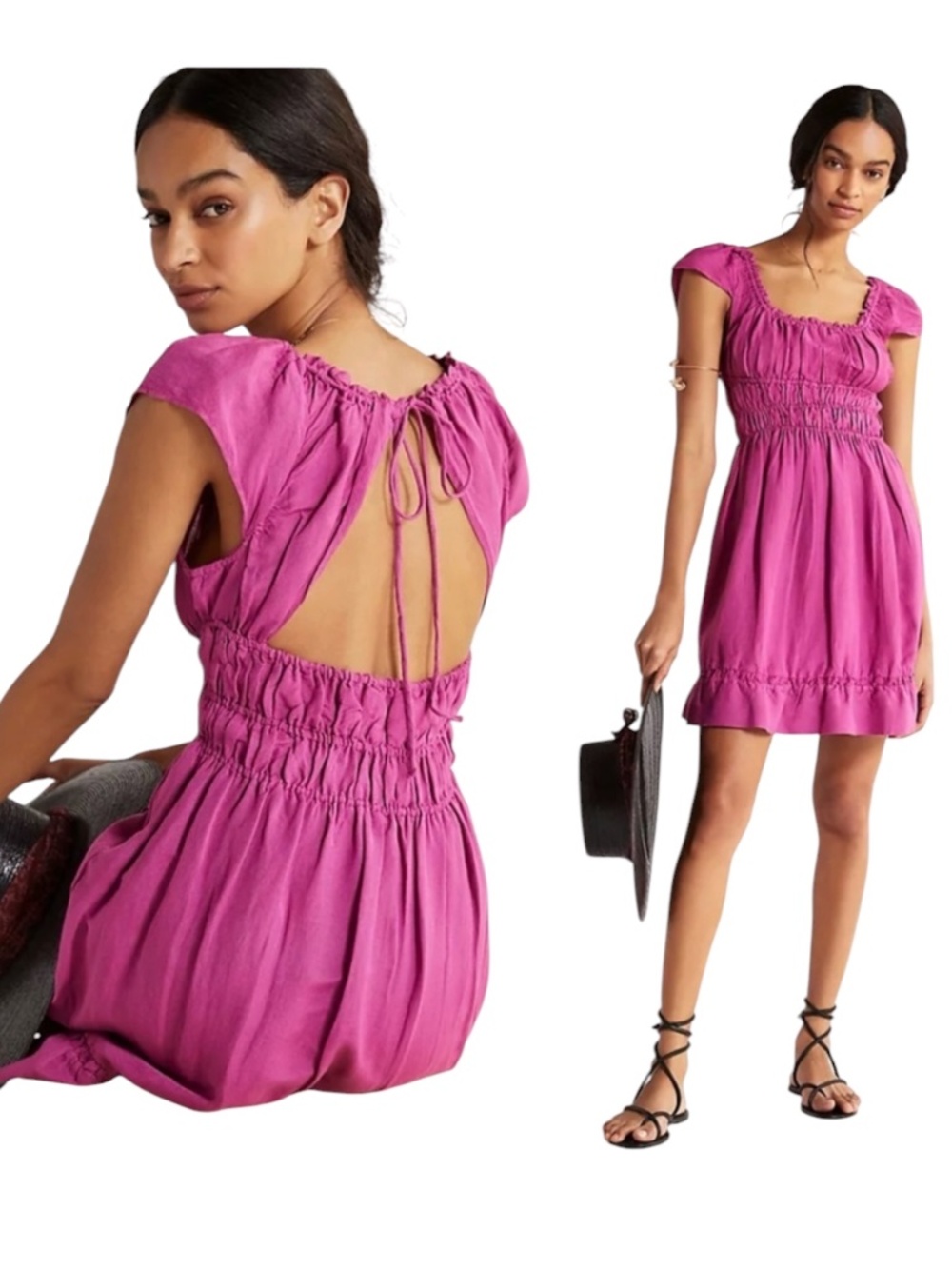 Anthropologie Raspberry Linen Smocked Waist Mini Dress Open Back Tie Size Small